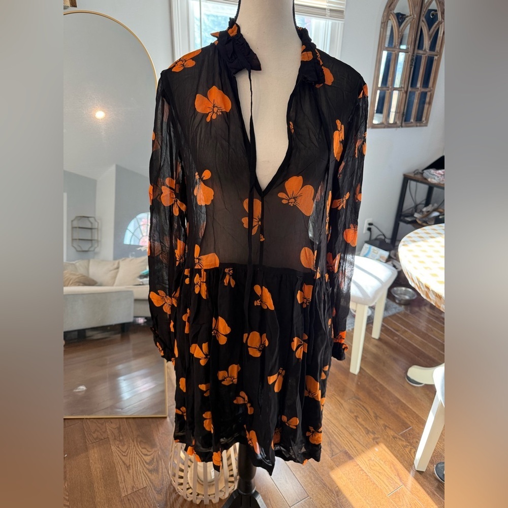 Ganni Black Sheer Dress with Orange Floral Design Lined on Bottom - Picture 2 of 15